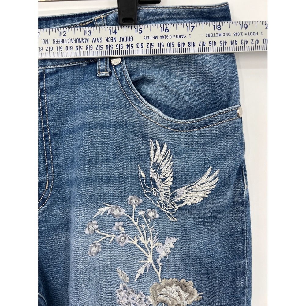 Seven7 Premium Floral Bird Embroidered Tapered Jeans 14 Medium Wash Frayed Hem - Picture 4 of 10